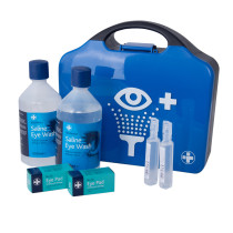 aura3 eye wash station showing two bottles of saline eye wash, two eye pad boxes, two small clear ampoules, and a blue carry case