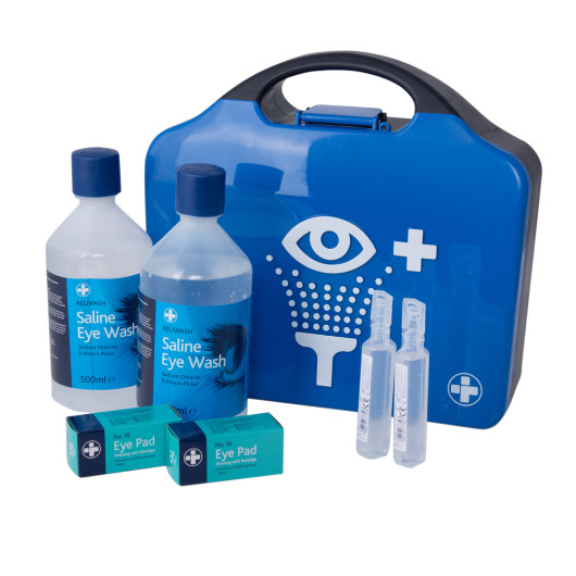 aura3 eye wash station showing two bottles of saline eye wash, two eye pad boxes, two small clear ampoules, and a blue carry case