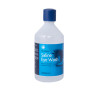 aura3 eye wash station showing a white plastic bottle with a blue label and blue cap containing eye wash liquid