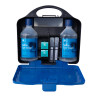 aura3 eye wash station with front open showing two saline eye wash bottles and other medical supplies inside