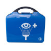 Blue aura3 eye wash station case with handle and eye wash symbol on the front