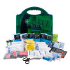 bs8599 1 catering first aid kit large with green case and various contents displayed including bandages dressings scissors and guide leaflet