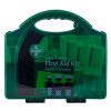 bs8599 1 catering first aid kit large shown from the front with a translucent green case and visible contents inside