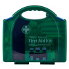 bs8599 1 catering first aid kit medium in a green translucent plastic case shown from the front with a handle