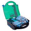 Open bs8599 1 catering first aid kit medium showing organised medical supplies inside a black and green plastic case