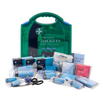 bs8599 1 catering first aid kit small showing the contents arranged in front of the green carry box