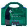 Green plastic case showing the front of the bs8599 1 catering first aid kit small with a handle and safety symbols visible