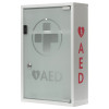 Angled full view of the mediana glass fronted cabinet with frosted glass door and white frame showing AED markings