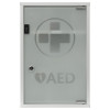 mediana glass fronted cabinet showing a frosted glass door with a first aid symbol and AED text visible