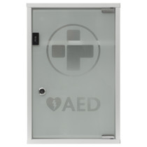 mediana glass fronted cabinet showing a frosted glass door with a first aid symbol and AED text visible
