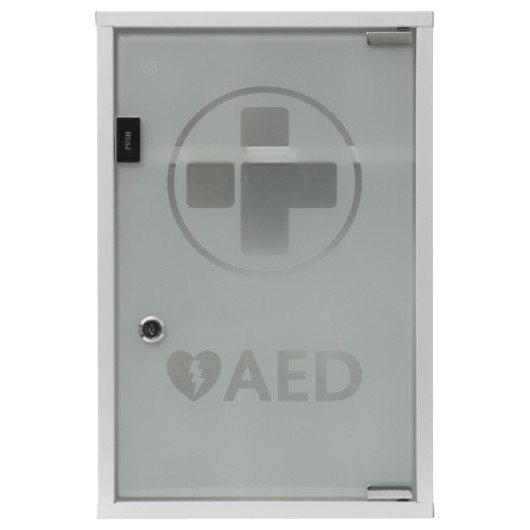 mediana glass fronted cabinet showing a frosted glass door with a first aid symbol and AED text visible