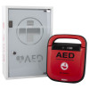 mediana hearton a15 defibrillator wall cabinet with alarm shown angled next to a red automated external defibrillator unit