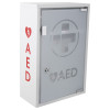 angled view of mediana hearton a15 defibrillator wall cabinet with alarm showing white metal case and frosted door with AED signs
