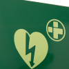Closeup of the mediana hearton a15 defibrillator wall bracket showing a heart symbol with a lightning bolt on a green background