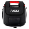Front view of mediana hearton a15 defibrillator semi automatic soft pouch in black and red colors