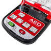 Closeup of open mediana hearton a15 defibrillator semi automatic soft pouch showing control panel and instructions