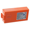 Angled view of mediana hearton a16 defibrillator battery pack in bright orange with visible label and connector pins