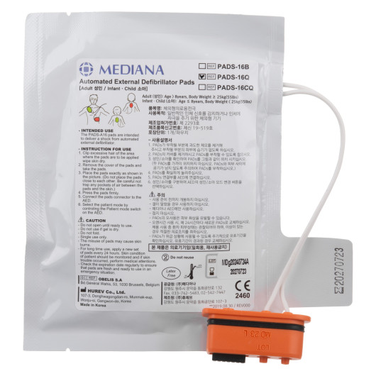 Front view of mediana hearton a16 adult paediatric defibrillator pads showing packaging and connector details