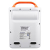 Back of Mediana HeartOn A16 AED showing manufacturer label, serial numbers, compliance marks, and rubber pads on the casing.