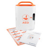 AED unit placed beside an illustrated quick‑start guide and the Mediana HeartOn A16 operator’s manual.