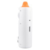 Close‑up of a white handheld electronic accessory with an orange tip and side buttons.