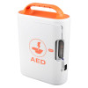 Portable white AED case with an orange handle, front lightning‑bolt AED symbol, and a side status window next to an “OPEN” arrow.