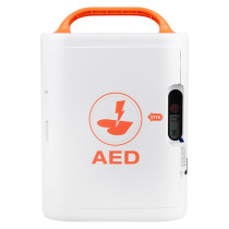 Front of AED case with orange heart‑and‑bolt symbol, “AED” text, and side latch area marked “OPEN.”