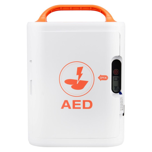 Front of AED case with orange heart‑and‑bolt symbol, “AED” text, and side latch area marked “OPEN.”