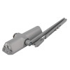 Angled view of a silver Rutland overhead door closer showing its main body and extended arm mechanism