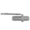 Front view of rutland overhead door closer in satin nickel finish showing the main body and arm mechanism