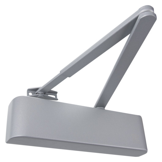 silver rutland door closer with rounded rectangular body and attached arm against a white background