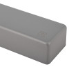 Closeup of the silver cover part of the rutland overhead door closer showing texture and logo embossed