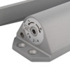 Closeup of the power adjuster on a silver rutland overhead door closer showing adjustment markings and screws