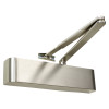 Close-up of a rounded rutland door closer satin finish showing its main body and arm mechanism