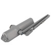 Rutland overhead door closer satin nickel shown from an angled view on a white background