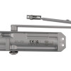 Back view of rutland overhead door closer satin nickel showing metal arm and product label
