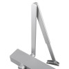 Silver Rutland TS9205DABC overhead door closer arm assembly attached to the closer body, shown from the side against a plain background.