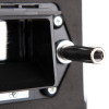 Close-up of black Rutrlppn Rutrlpik60 Rutland letterplate with 60 minute intumescent fixing showing mounting screws and metal fitting