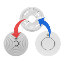 Diagram showing parts and assembly of 660mbx twist replacement smoke alarm with red and blue arrows