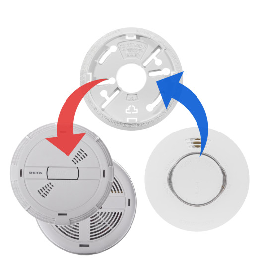 Part of the deta1111 1115 twist replacement smoke alarm shown in a simple replacement diagram with arrows indicating assembly steps