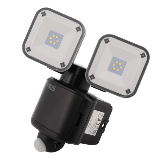 auraglow cyrus hybrid twin led security light shown from an angled view with two light panels and motion sensor visible
