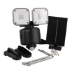 auraglow cyrus hybrid twin led security light with two LED lamps, solar panel, mounting brackets, screws, and fixings kit contents