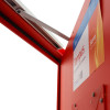 Close-up of a door closer on a red Tempus temporary fire door showing the arm and part of the door frame