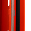 Close-up view of a push plate on a tempus temporary fire door showing metal and red surfaces