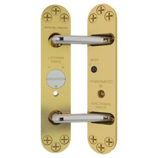 Front view of perko powermatic brass unit showing two connected metal plates with adjustment dials and screws