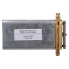 Front view of perko powermatic r100 concealed fire door closer brass showing body and label on metal casing
