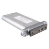 Angled view of a perko powermatic r100 concealed fire door closer in satin chrome showing metal body and mounting plate