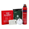 safelincs caravan fire safety kit showing a red fire blanket case, green first aid kit, smoke alarm, carbon monoxide alarm, and red fire extinguisher powder bottle