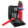 safelincs vehicle safety kit contents first aid kit open showing a small fire extinguisher and red emergency hammer inside a green pouch