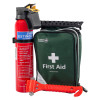 safelincs vehicle safety kit showing a fire extinguisher, green first aid kit bag, and red emergency hammer with contents reversed